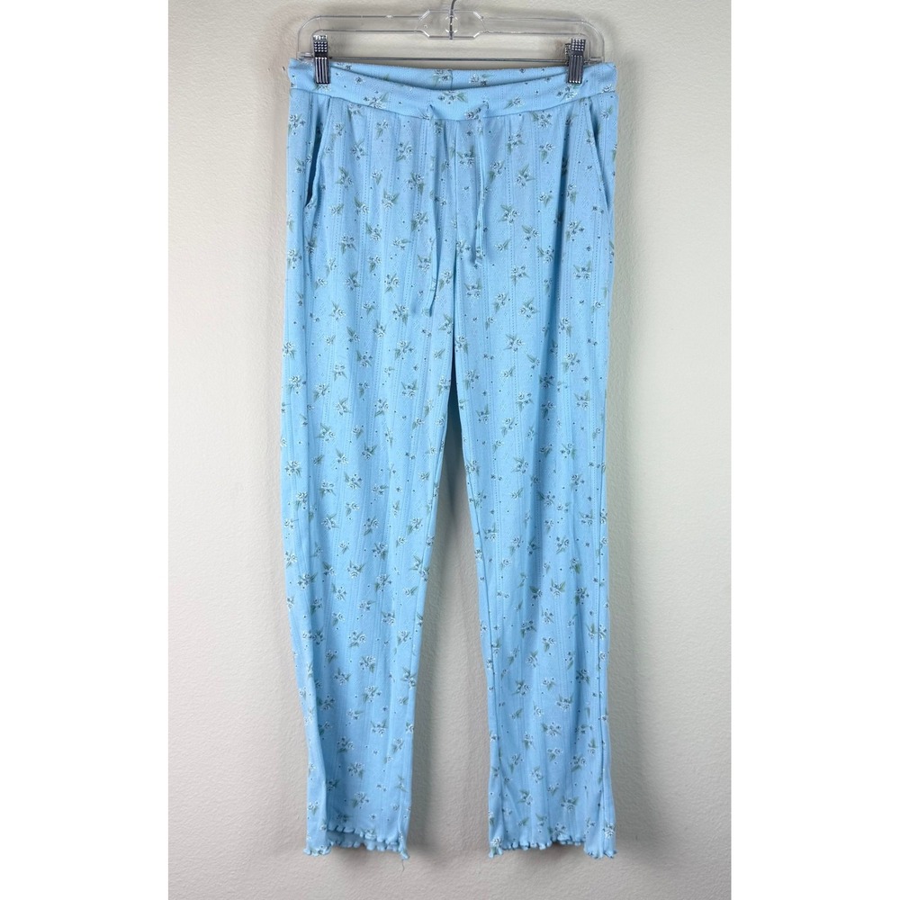 la Vie en Rose Pajama Pants Womens Small Blue Floral Pointelle Lettuce Hem